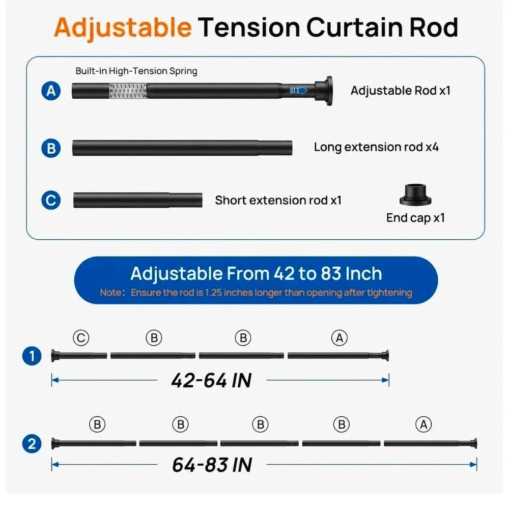 Adjustable Tension Shower Curtain Rod Matte Black 42-83 Inch Heavy Duty No Drill